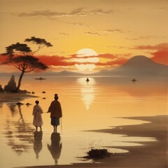Fototapeta premium The artwork depicts a couple standing on a beach as the sun sets, showcasing a beautiful natural landscape with water, clouds, and a colorful afterglow