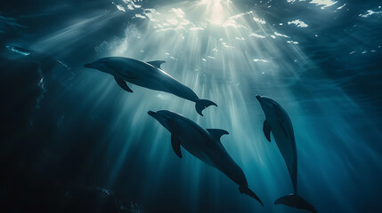 Obraz premium a captivating scene with dolphins underwater, illuminated by sunlight filtering through the water