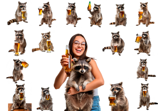 The raccoon drinks beer
