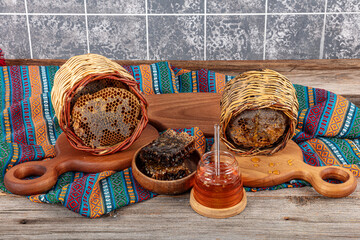 Magical honeycomb close up, Honey harvesting, honey picking. Organic honeycomb (Turkish Karakovan...