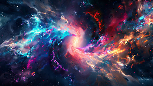 a captivating artistic representation of a galaxy. The vibrant colors, swirls, and bursts of light create an ethereal and dynamic scene