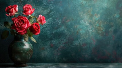 Fototapeta premium Roses in a vintage vase for Valentine s or Mother s Day themed background