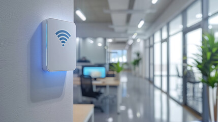 White router with blue Wi-Fi symbol on wall of empty, bright, modern business office with furniture desks, computers, blurry background