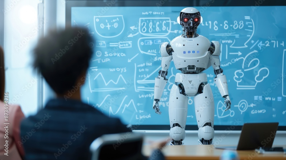 Poster engineers collaborate in a hightech lab to develop advanced humanoid robots powered by artificial in