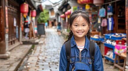 Smiling chinese schoolchild with backpack on poor urban street   back to school concept