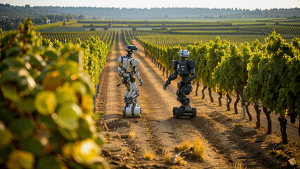 robots walking through a vineyard with rows of grape plants