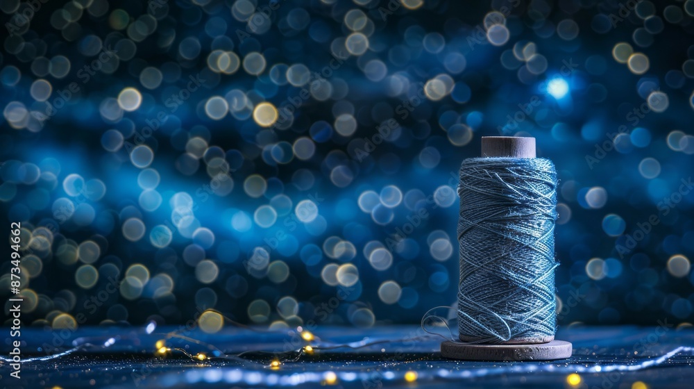 Aufkleber blue thread spool with lights. a blue thread spool sits on a table with string lights in the foregro