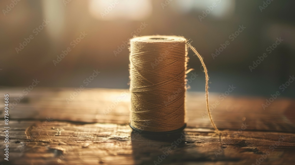 Aufkleber rustic thread spool on wooden surface. a close-up image of a rustic thread spool on a weathered wood
