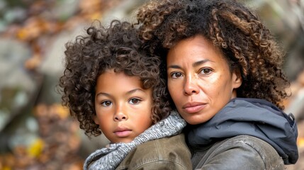 african american mother and child pose, back to school concept with blurred background