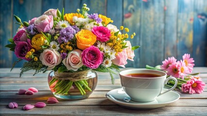 Fototapeta premium A vase of flowers sits on a wooden table next to a white cup