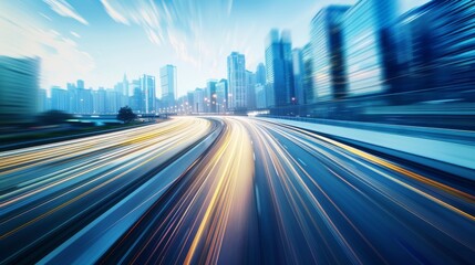 blurred motion highway with modern city skyline in the background