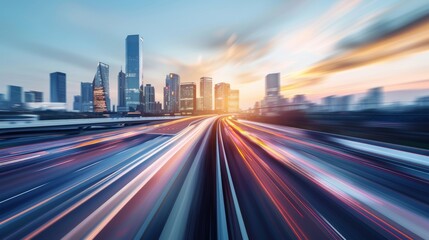 Fototapeta premium blurred motion highway with modern city skyline in the background