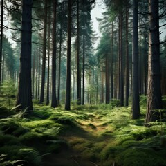 Obraz premium The sunlight filters through the trees in the forest, illuminating the plant life and creating a beautiful natural landscape , generated by AI