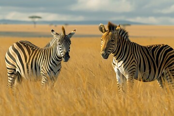 A zebra standing nervously as a lion approaches.