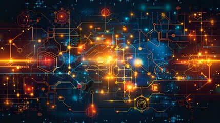Abstract digital illustration of interconnected glowing circuits in orange and blue, representing technology, data networks, and innovation.