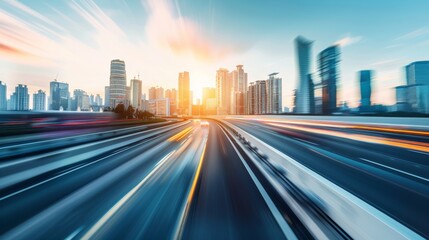 Fototapeta premium side view of blurred motion highway with modern city skyline in the background
