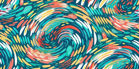 A vibrant abstract background with a blend of vivid colors like blue, green, red, and yellow, seamlessly merging in a gradient. The composition features fluid shapes such as circles, wavy lines, and c