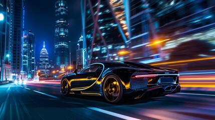 in the city at night, motion blur, city lights, city background, skyscrapers, commercial photography, professional shot, high resolution, hyper realistic, full body of the car, wide angle