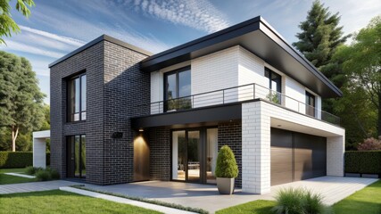 A large, modern house with a black brick exterior and white trim