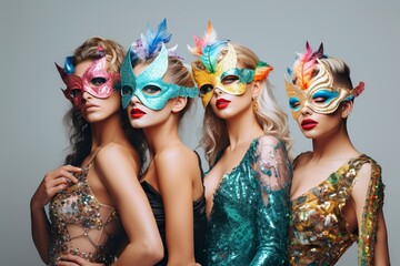 Group of people in masquerade carnival mask posing in studio. Beautiful women and men wearing venetian mask. Fashion, party, friends concept

