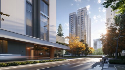 Obraz premium side view of in the city, with a white silver gray exterior color matching the minimalist style, captured with high-speed photography against an urban background, using a wide-angle lens with a blurry