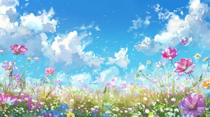 Fototapeta premium Beautiful spring flowers and sky. A stunning image capturing the beauty of a spring meadow with vibrant flowers, fluffy clouds, and a bright blue sky.