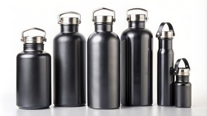 A row of five black water bottles with silver lids