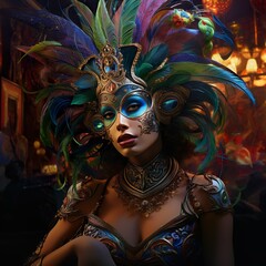 Fototapeta premium Portrait of an attractive masked female person in carnival costume and amazing headdress posing