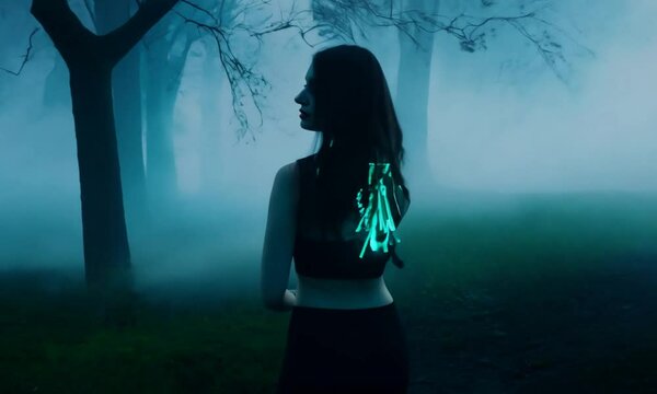 Woman in foggy forest with neon neckless