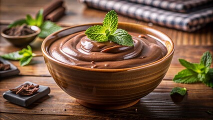 A bowl of chocolate pudding with a green leaf on top
