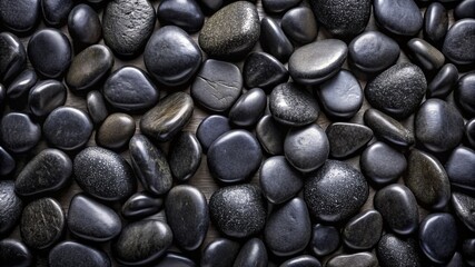 A close up of black rocks on a wooden surface