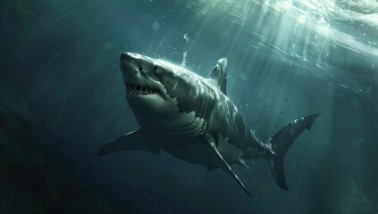Fototapeta premium Great White Shark Under a Sunlit Surface