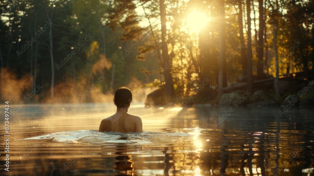 Poster golden rays of sunlight filter through the tall trees casting a warm glow on the person who has dare