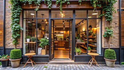 A brick building with a green ivy growing on it