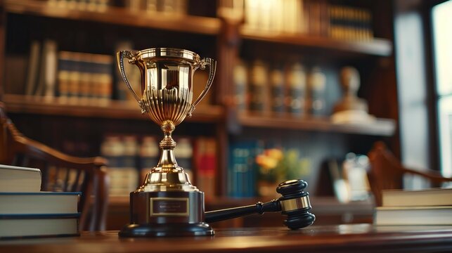 Golden trophy and gavel on desk. Discover the symbolism of justice, achievement, and authority in this image showcasing a golden trophy and gavel on a desk.