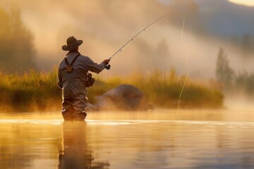 A lone fisherman casts his line into the still waters of a river, bathed in the soft light of the rising sun