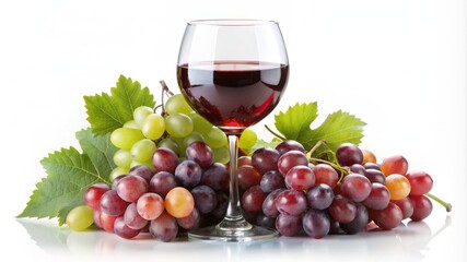 A glass of red wine is poured into a wine glass next to a bunch of grapes