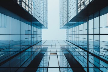 A minimalist composition of two buildings, symmetrical in layout and adorned with sleek glass windows, captured from an eye-level perspective to emphasize the symmetry between them