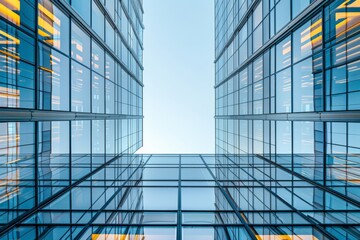 Obraz premium A minimalist composition of two buildings, symmetrical in layout and adorned with sleek glass windows, captured from an eye-level perspective to emphasize the symmetry between them