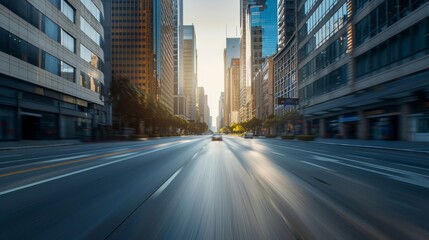 an empty city street in the front view, with motion blur