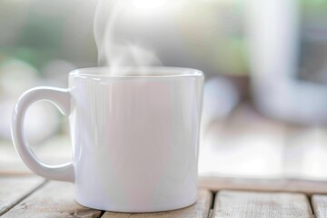 Fototapeta premium A white mug with steam rising from it sits on a wooden table, bathed in soft sunlight
