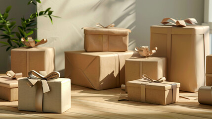 many craft gift boxes stand on the floor in the room, light background