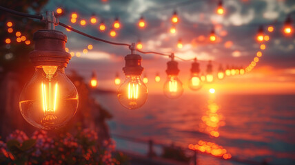 Close-up of cozy café lighting and street lights with blurred background