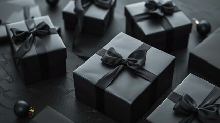 many black matte gift boxes with black ribbon stand on the floor, dark background, black friday