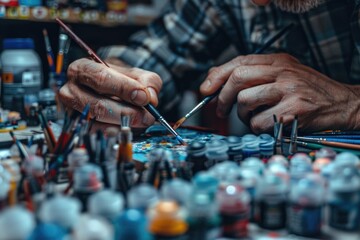 The artist's hands meticulously blend colors on a canvas, surrounded by a vibrant array of paint tubes and brushes