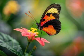 Obraz premium A vibrant butterfly with orange and black wings delicately rests on a pink and yellow Lantana flower, its proboscis extended to gather nectar