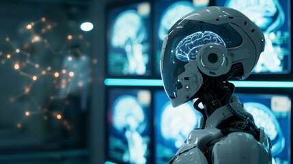 robot with human brain in a laboratory