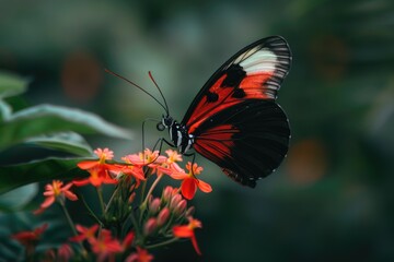 A red and black butterfly with white markings rests on a cluster of vibrant orange flowers, surrounded by lush green foliage