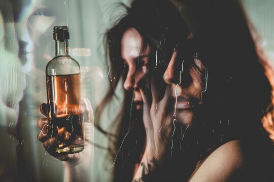 A woman holds a glass bottle of liquor in her hand. Her reflection is visible in the glass, showing a distorted image of her face and expression