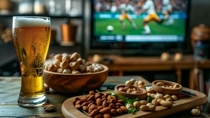 Beer and snacks on wooden table with football match on TV in background - perfect setup for a game night party